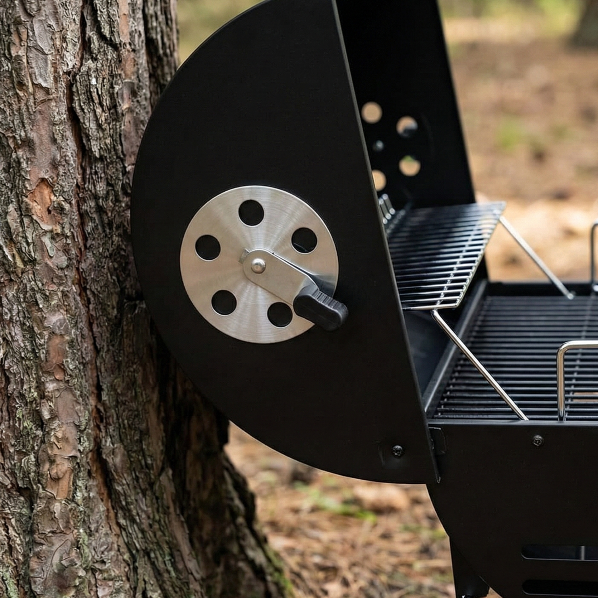 oil drum BBQ with lid open