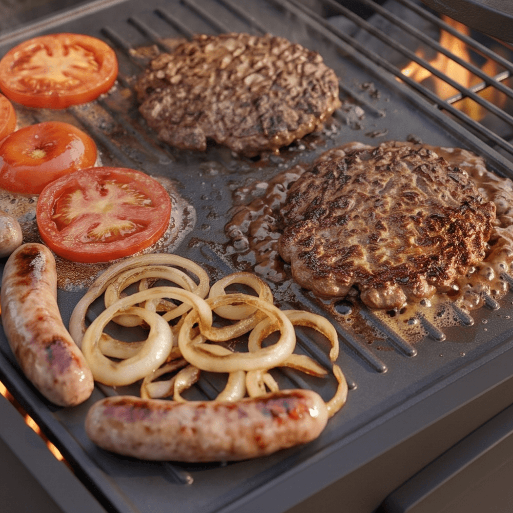 Juicy grilled hamburger patties, sausages, sliced tomatoes, and caramelised onion rings cooking on a ridged cast iron griddle on the CosmoGrill XXL Smoker Charcoal BBQ