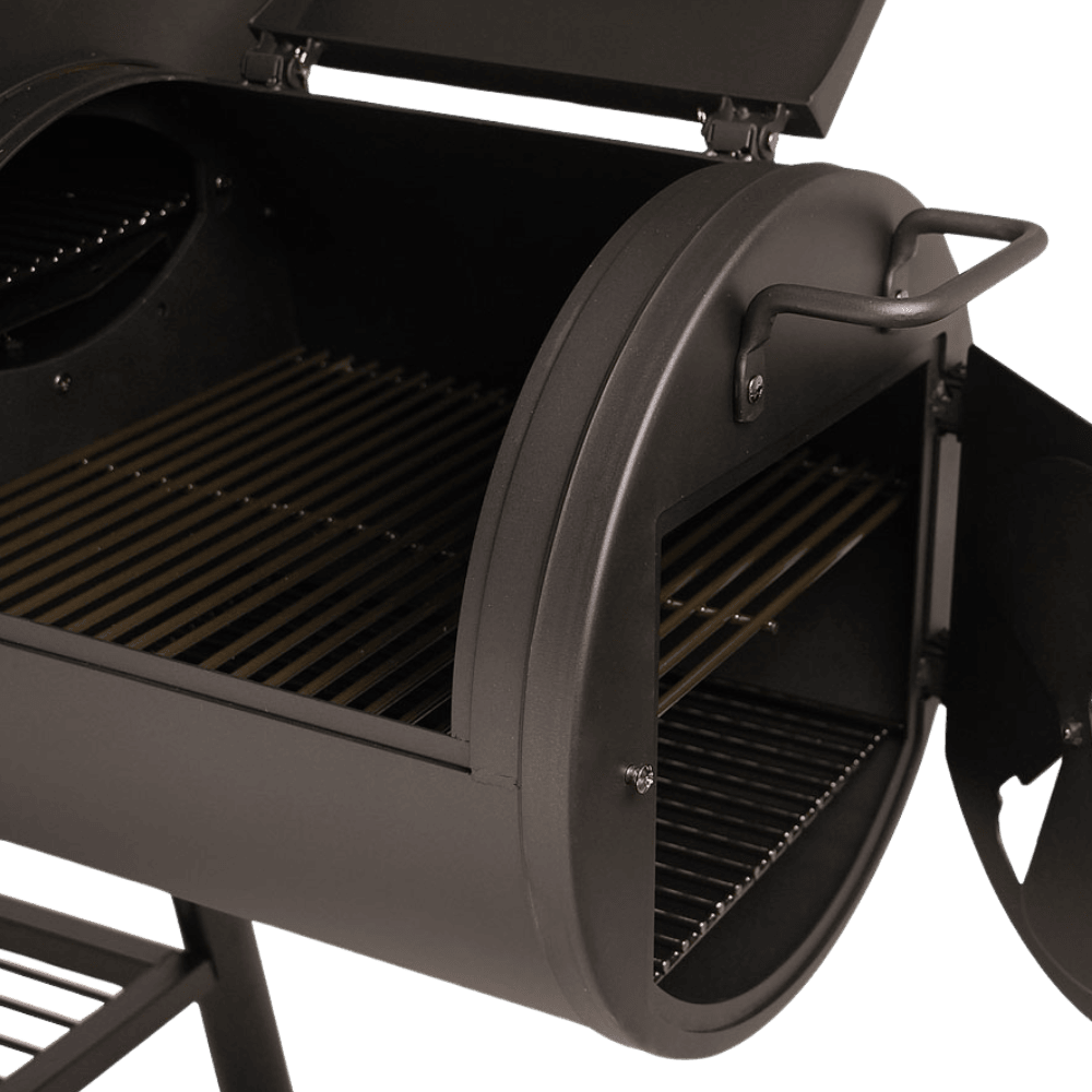 Offset smoker chamber on CosmoGrill XXXL Smoker Charcoal BBQ for slow cooking and smoking