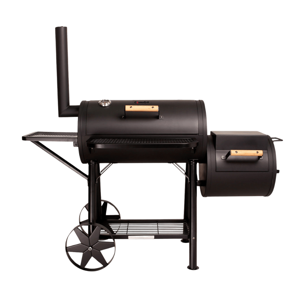 Full view of CosmoGrill XXXL Smoker Charcoal Barbecue with offset smoker